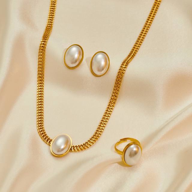 Stainless steel necklace suit women retro temperament Joker oval pearl necklace set