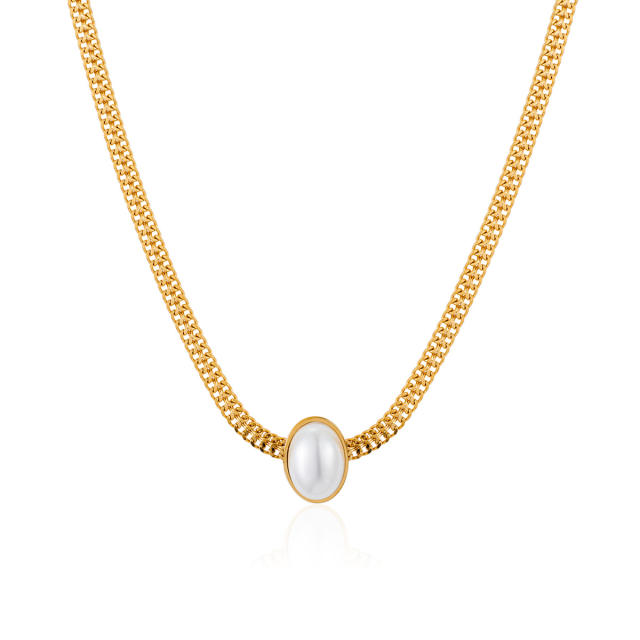 Stainless steel necklace suit women retro temperament Joker oval pearl necklace set