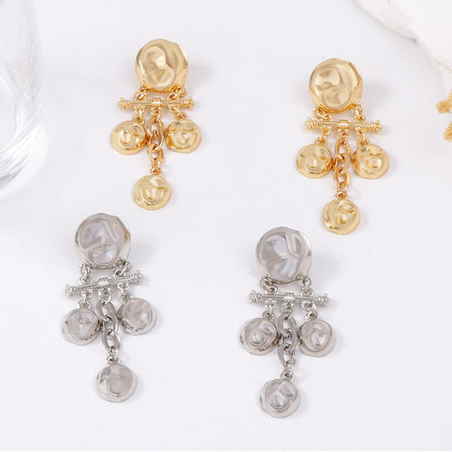 Minimalist Design Alloy Geometric Embossed Hammer Texture Round Spliced Tassel Earrings