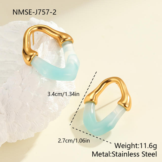 Color Resin Splicing Stainless Steel Earrings Hollow Irregular Earrings