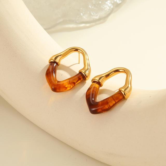 Color Resin Splicing Stainless Steel Earrings Hollow Irregular Earrings