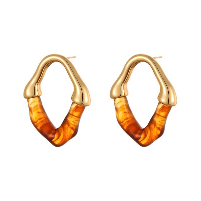 Color Resin Splicing Stainless Steel Earrings Hollow Irregular Earrings