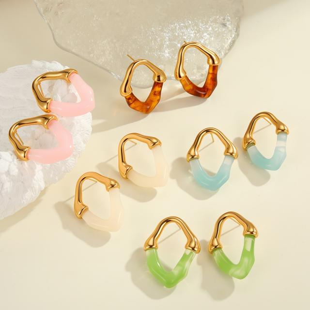 Color Resin Splicing Stainless Steel Earrings Hollow Irregular Earrings