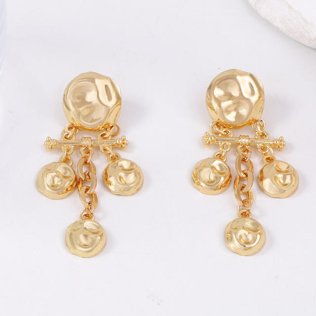 Minimalist Design Alloy Geometric Embossed Hammer Texture Round Spliced Tassel Earrings
