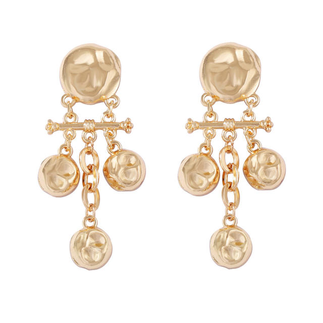 Minimalist Design Alloy Geometric Embossed Hammer Texture Round Spliced Tassel Earrings