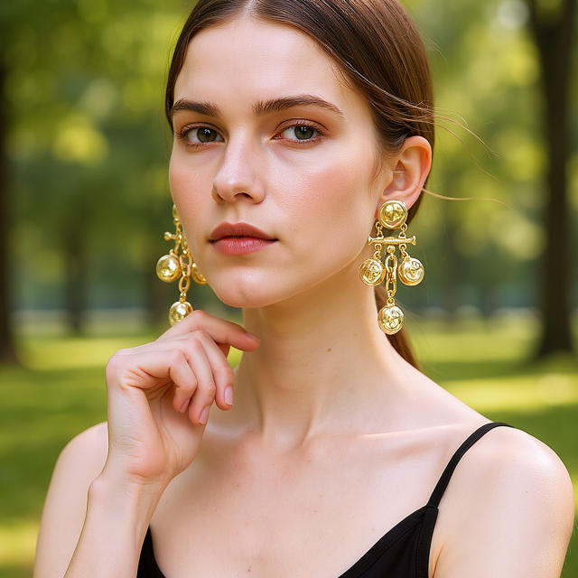 Minimalist Design Alloy Geometric Embossed Hammer Texture Round Spliced Tassel Earrings