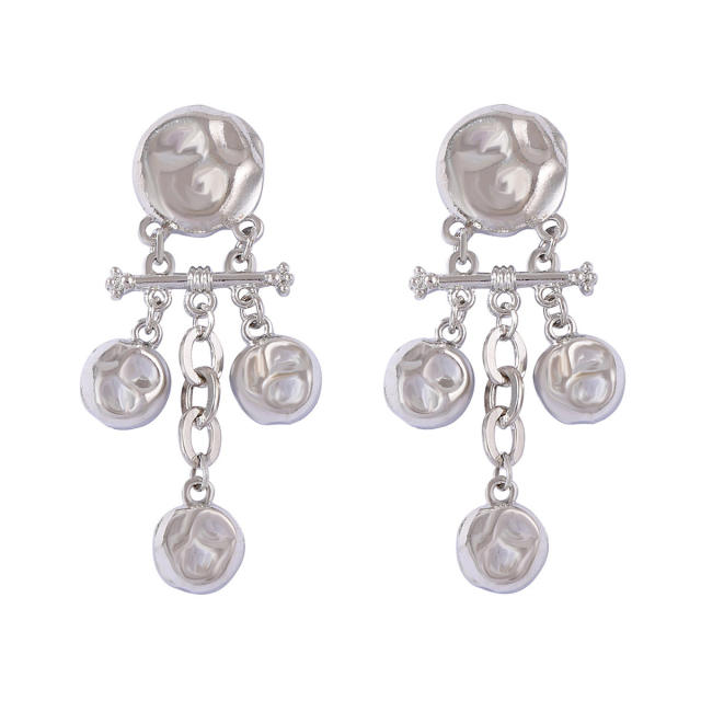 Minimalist Design Alloy Geometric Embossed Hammer Texture Round Spliced Tassel Earrings