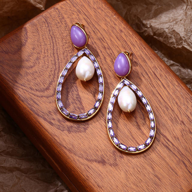 Luxury colorful cubic zircon pave setting pearl bead hollow drop stainless steel earrings