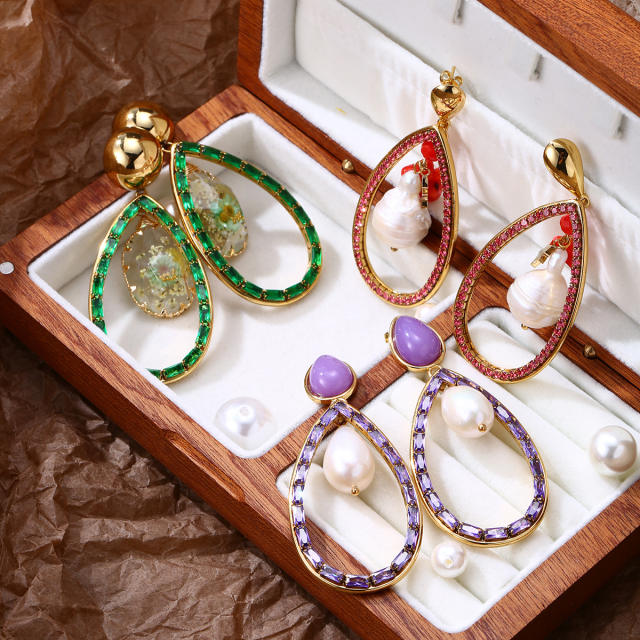 Luxury colorful cubic zircon pave setting pearl bead hollow drop stainless steel earrings