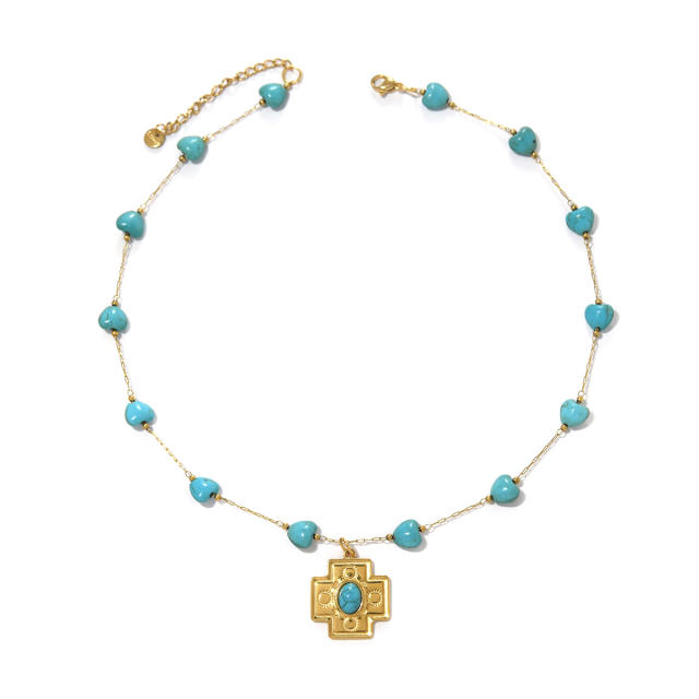 Bohemia Stainless Steel necklace Dragonfly Sun Cross Pendant Turquoise Heart-Shaped Oval Beaded Necklace