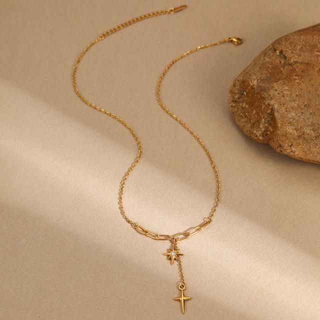 Minimalist diamond eight mans star necklace cross pendant stainless steel necklace
