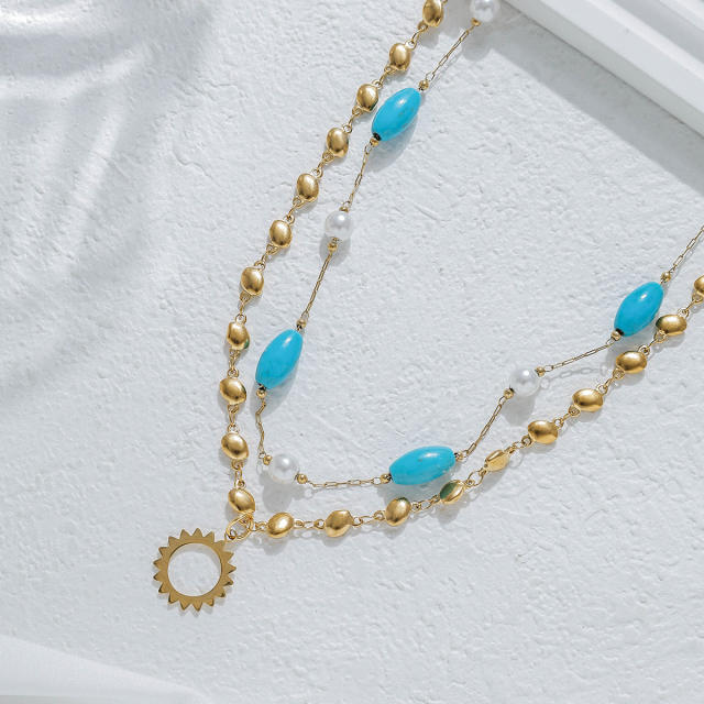 Bohemia Stainless Steel necklace Dragonfly Sun Cross Pendant Turquoise Heart-Shaped Oval Beaded Necklace
