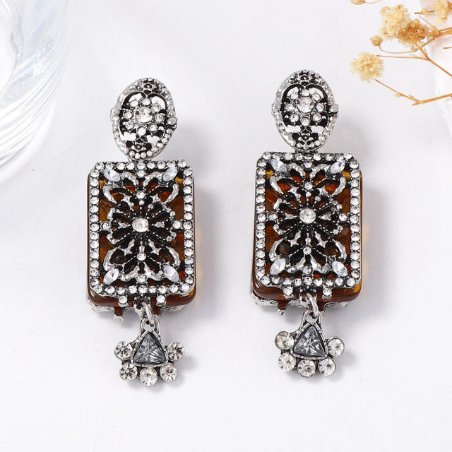 Retro Palace Style Exquisite Alloy Geometric Full Diamond Flower Earrings