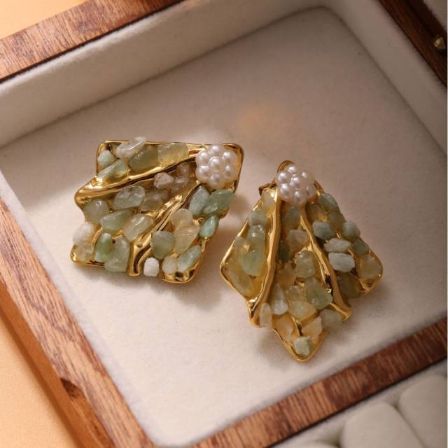 Vintage natural stone pave setting fan shape stainless steel earrings