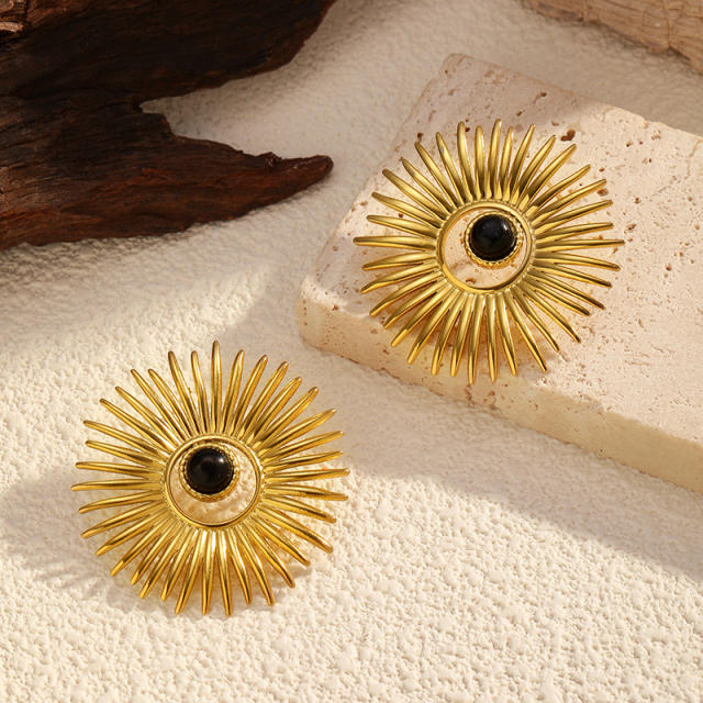 Vintage natural stone inlaid stainless steel earrings sunshine earrings