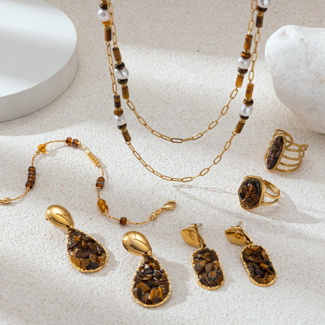Stainless Steel Necklace Natural Tiger Eye Stone Pendant Necklace Earring Set