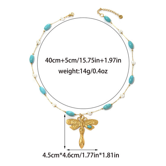 Bohemia Stainless Steel necklace Dragonfly Sun Cross Pendant Turquoise Heart-Shaped Oval Beaded Necklace