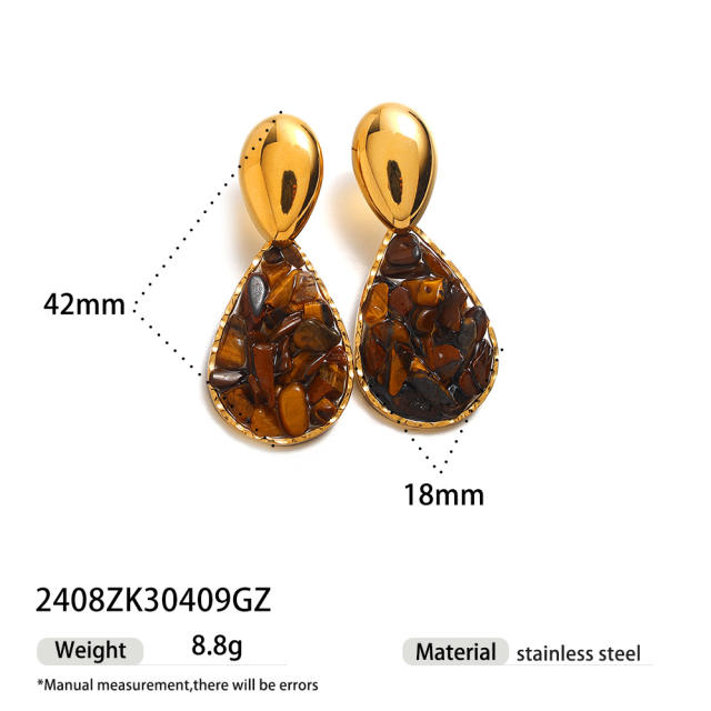 Stainless Steel Necklace Natural Tiger Eye Stone Pendant Necklace Earring Set