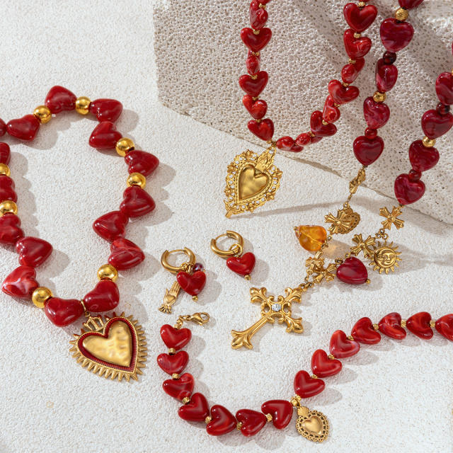 Stainless Steel necklace Acrylic Heart Beaded Necklace new year stainless steel jewelry set