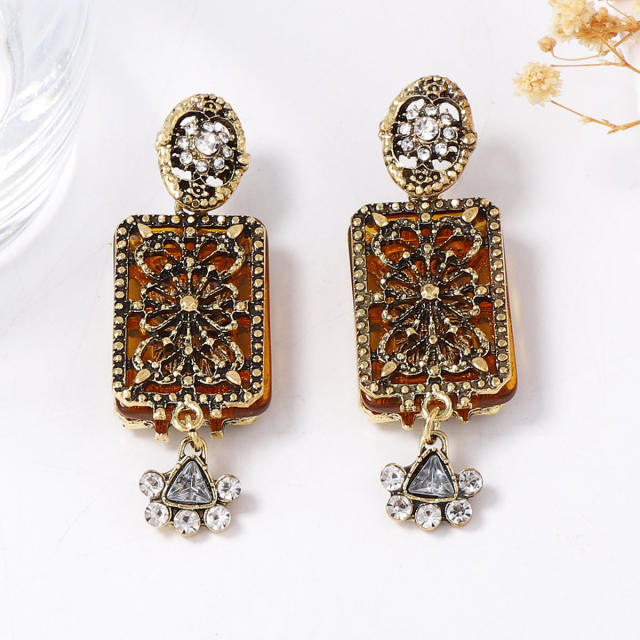 Retro Palace Style Exquisite Alloy Geometric Full Diamond Flower Earrings