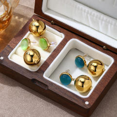 Simple colorful opal stone inlaid stainless steel earrings ball bead earrings