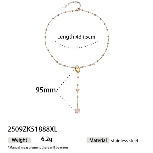 Stainless Steel Necklace Luxury Heart Zircon Tassel long Necklace