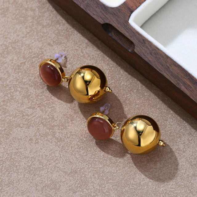 Simple colorful opal stone inlaid stainless steel earrings ball bead earrings