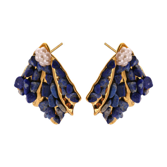 Vintage natural stone pave setting fan shape stainless steel earrings