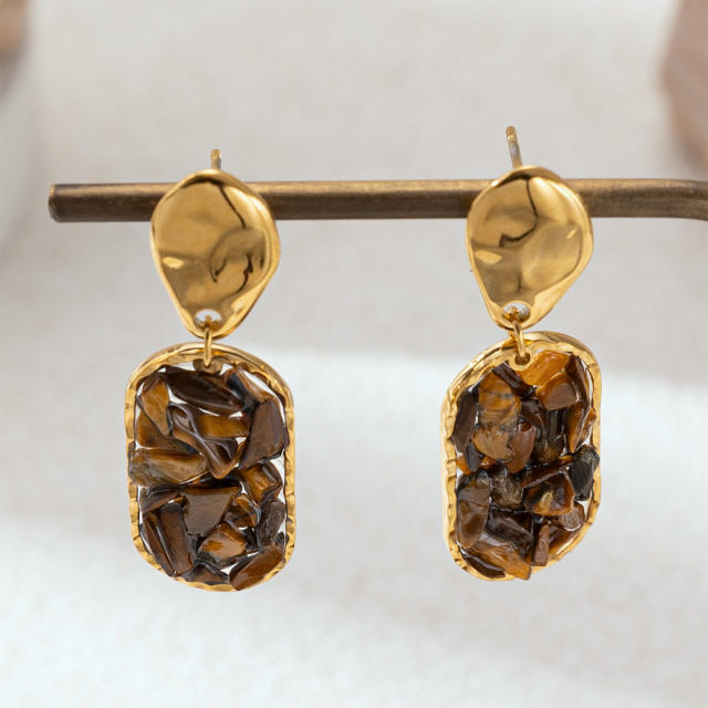 Stainless Steel Necklace Natural Tiger Eye Stone Pendant Necklace Earring Set