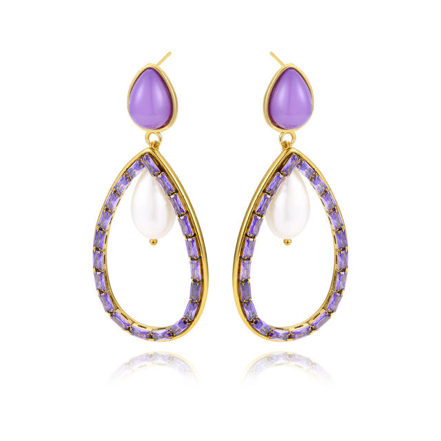 Luxury colorful cubic zircon pave setting pearl bead hollow drop stainless steel earrings