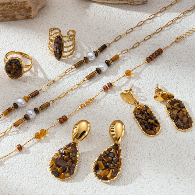 Stainless Steel Necklace Natural Tiger Eye Stone Pendant Necklace Earring Set
