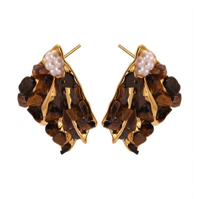 Vintage natural stone pave setting fan shape stainless steel earrings