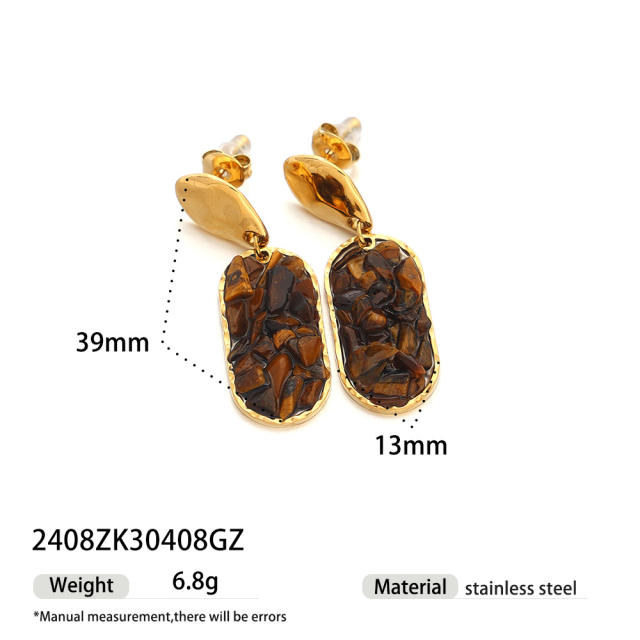 Stainless Steel Necklace Natural Tiger Eye Stone Pendant Necklace Earring Set