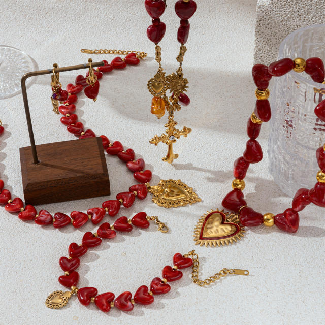 Stainless Steel necklace Acrylic Heart Beaded Necklace new year stainless steel jewelry set
