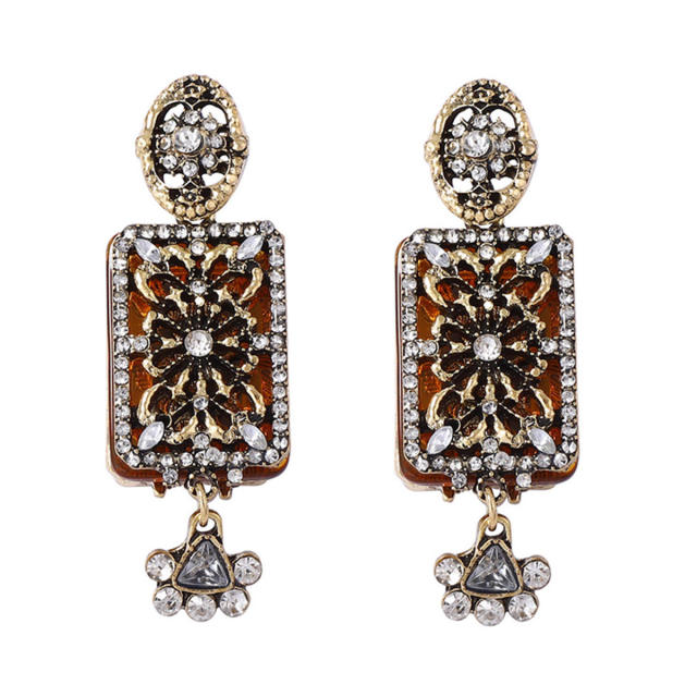 Retro Palace Style Exquisite Alloy Geometric Full Diamond Flower Earrings