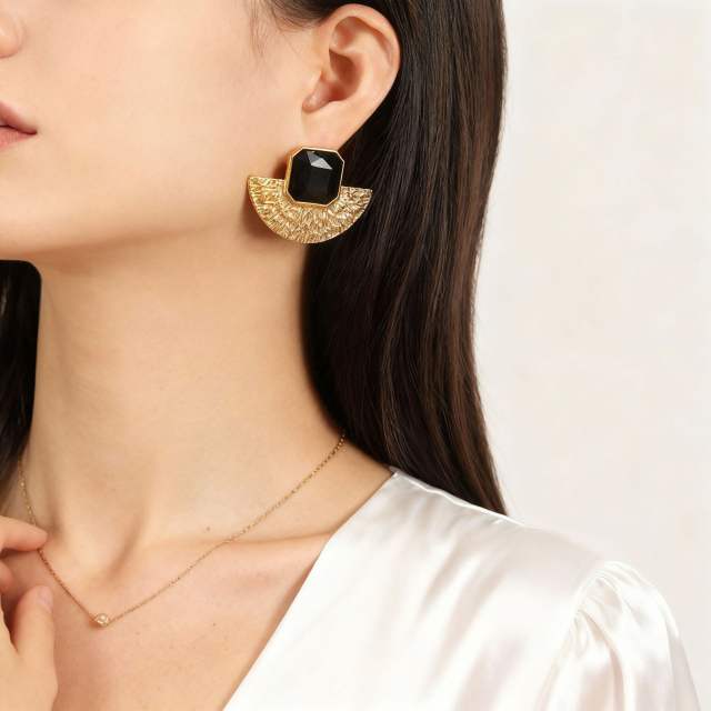 Stainless Steel Fan-Shaped Glass Stone Earrings stainless steel necklace set
