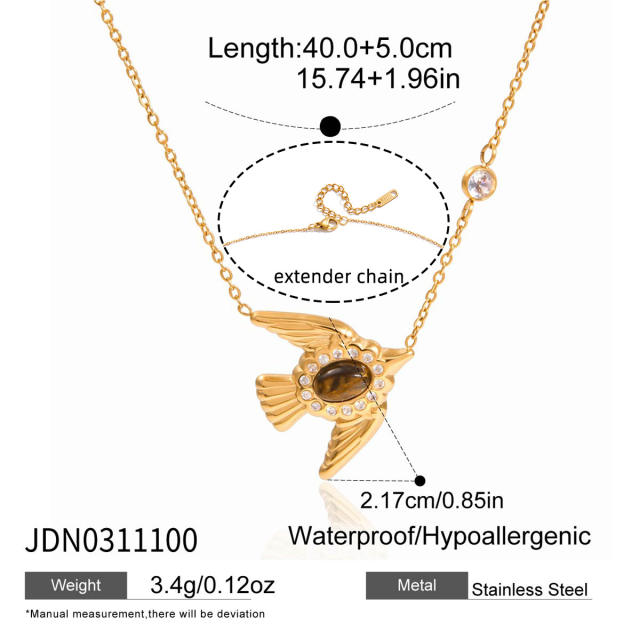 Sweet tiger eye stone inlaid bird series stainless steel necklace earrings set