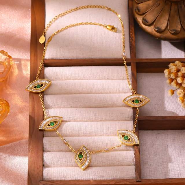 Luxury cubic zircon inlaid evil eye stainless steel earrings necklace set