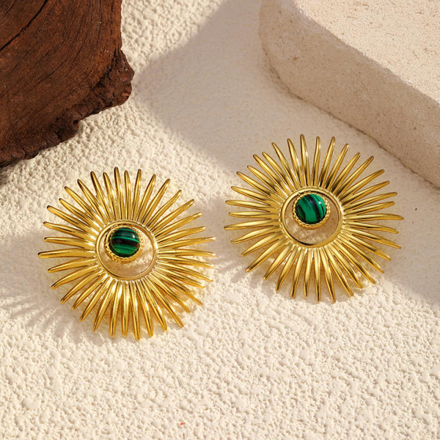 Vintage natural stone inlaid stainless steel earrings sunshine earrings