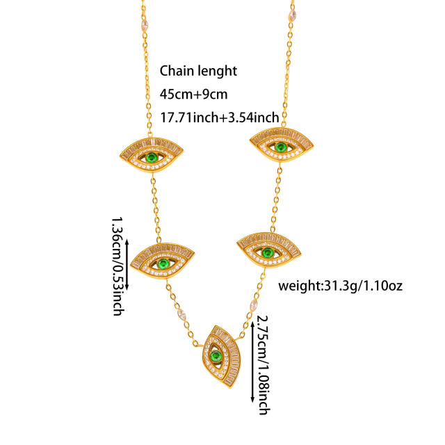 Luxury cubic zircon inlaid evil eye stainless steel earrings necklace set