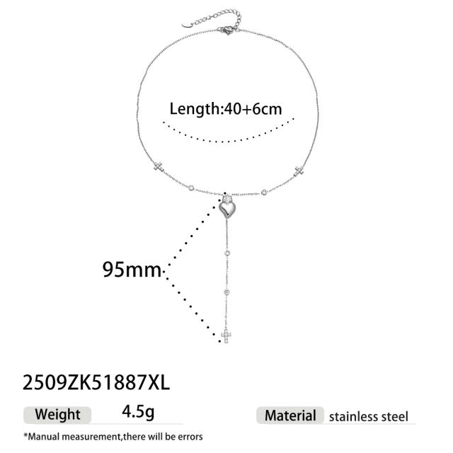 Stainless Steel Necklace Luxury Heart Zircon Tassel long Necklace