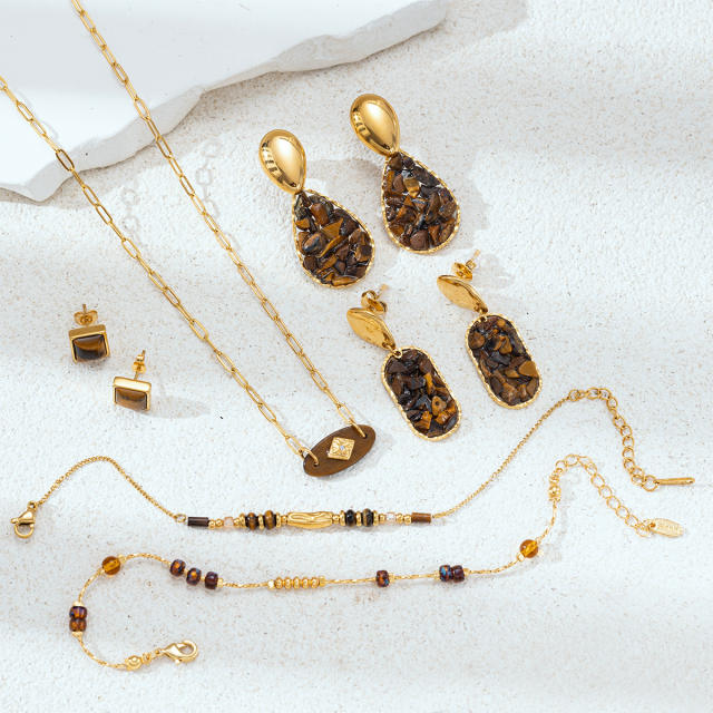 Stainless Steel necklace Earrings for Women Non-Fading Natural Gravel Inlaid Jewelry Set