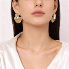 Stainless Steel Fan-Shaped Glass Stone Earrings stainless steel necklace set