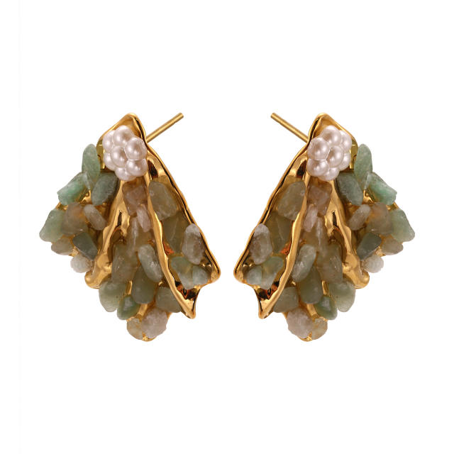 Vintage natural stone pave setting fan shape stainless steel earrings