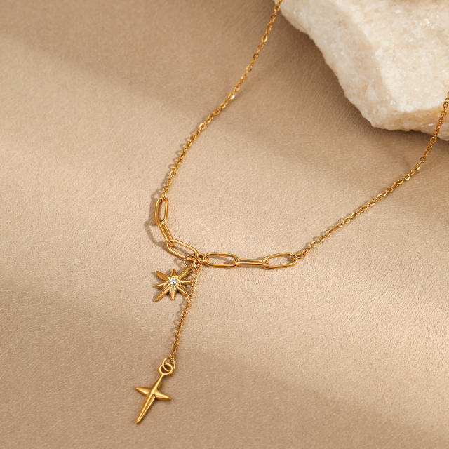 Minimalist diamond eight mans star necklace cross pendant stainless steel necklace