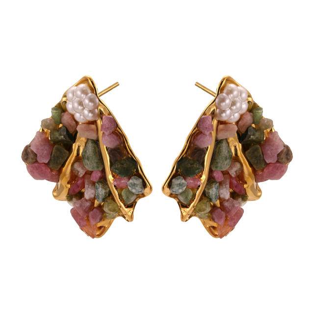 Vintage natural stone pave setting fan shape stainless steel earrings