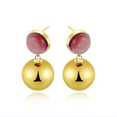 Simple colorful opal stone inlaid stainless steel earrings ball bead earrings