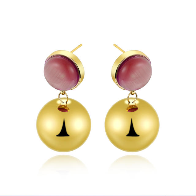 Simple colorful opal stone inlaid stainless steel earrings ball bead earrings