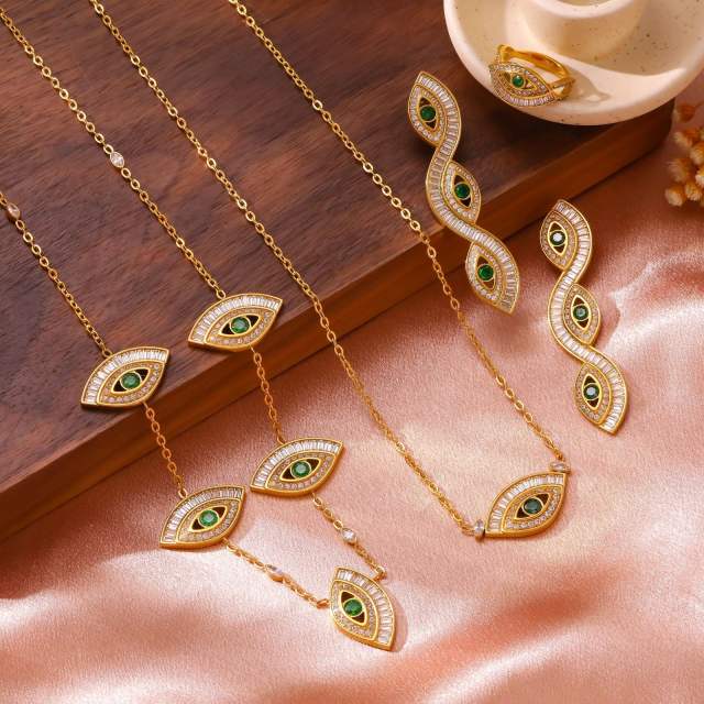 Luxury cubic zircon inlaid evil eye stainless steel earrings necklace set