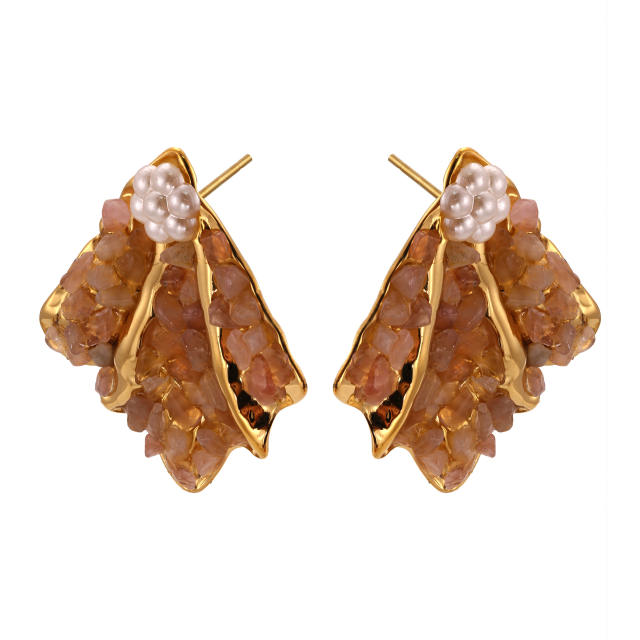 Vintage natural stone pave setting fan shape stainless steel earrings